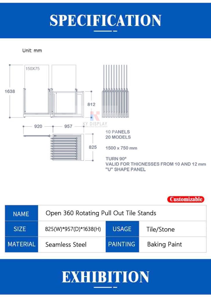 Open 360 Rotating Pull Out Tile Stands_size