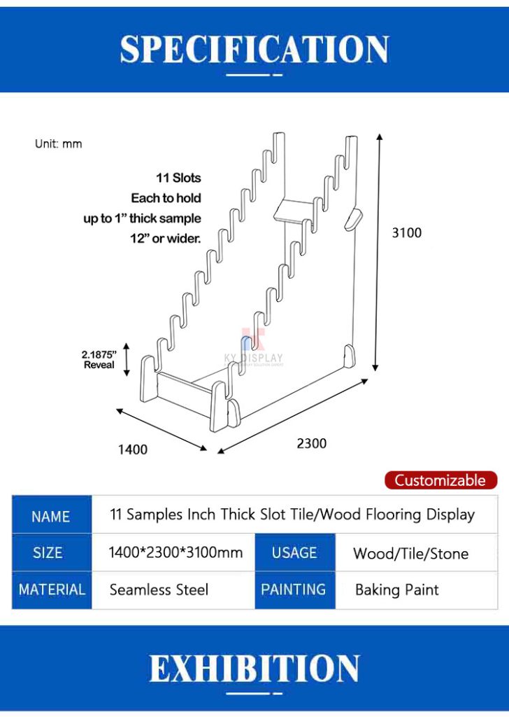 11 Samples Inch Thick Slot Waterfall Cascade Tile wood Flooring display for Showroom_description