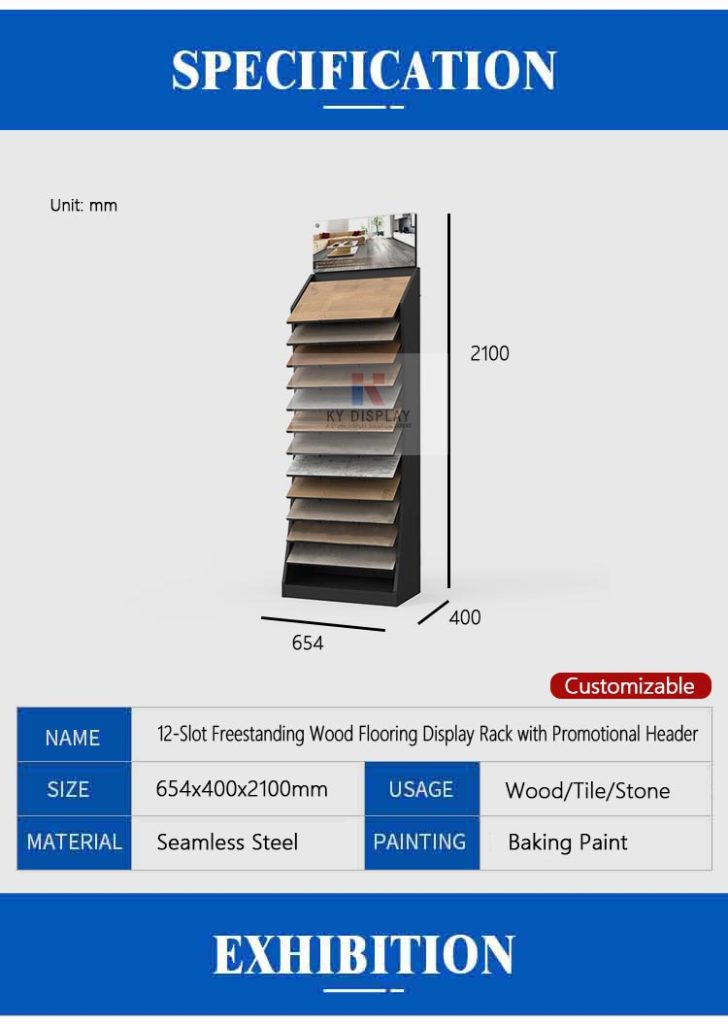 12-Slot Freestanding Wood Flooring Rack with Promotional Header_Decription_KYdisplay